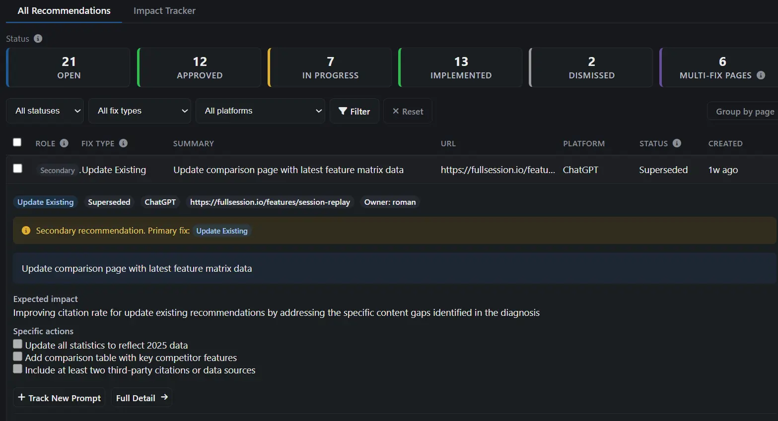 Expanded recommendation showing primary fix type, gap summary, and actions checklist