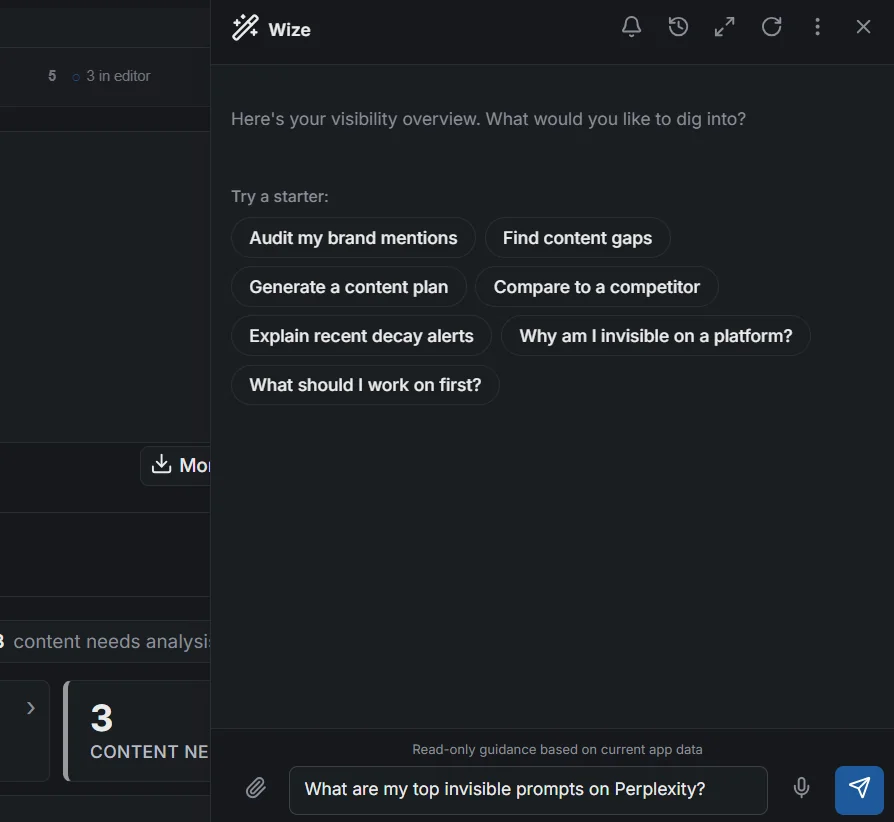 Wize assistant panel opening on a visibility-overview greeting with starter-prompt chips and a typed question in the input box, noting read-only guidance based on current app data
